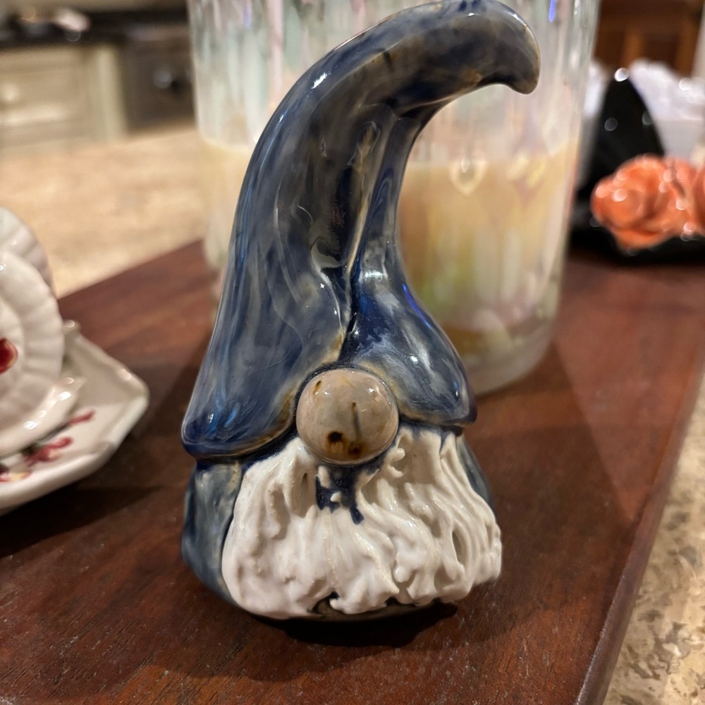 Ceramic Gnome Figurine Handmade Blue and White
